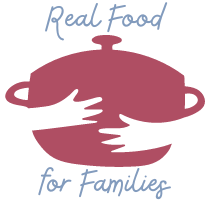 Hands hugging a red cooking pot. Text reads "Real Food for Families"